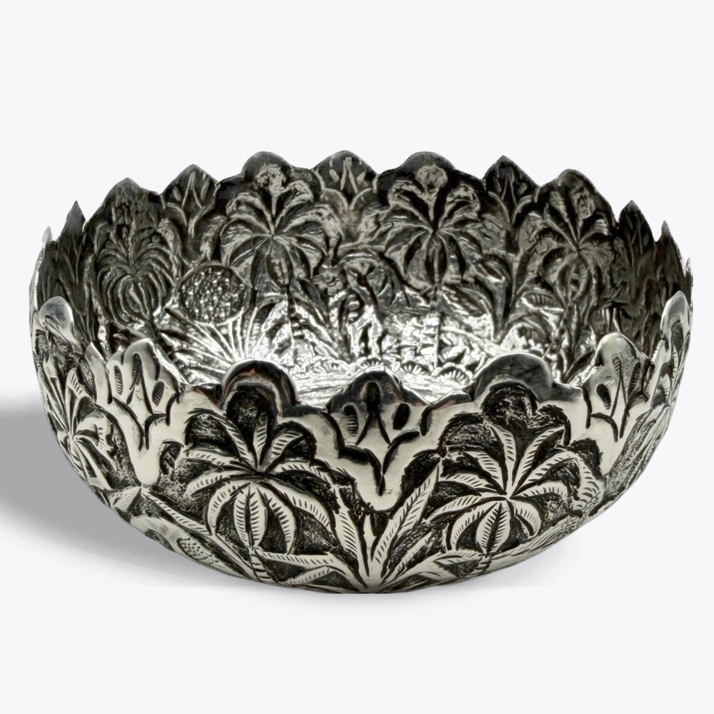 Antique Silver Bowl Elephant Palm Tree Repousse Lucknow Style British Raj 7cm